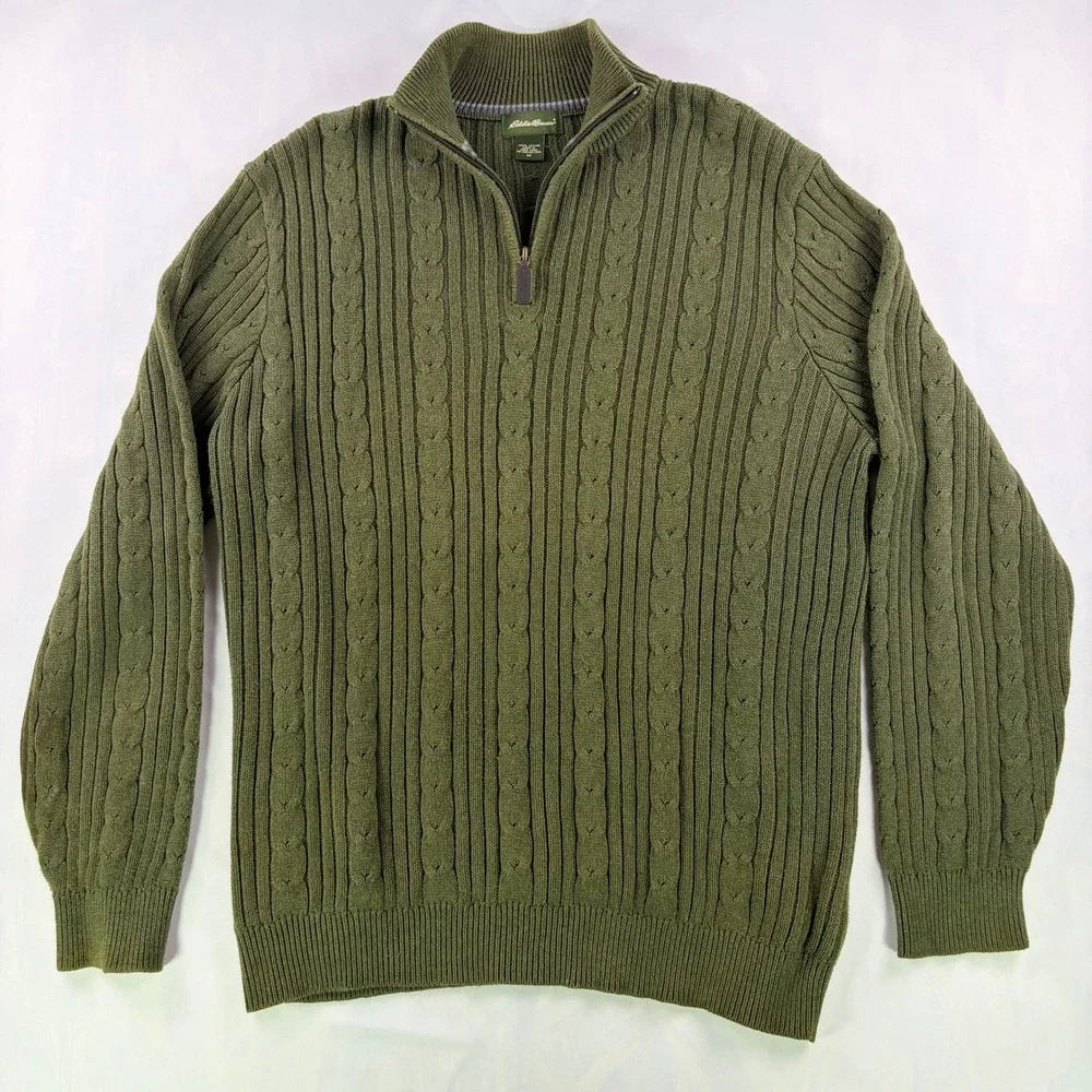 Eddie Bauer Quarter Zip Sweater Mens Medium Olive Green Cable Knit Cotton Mock